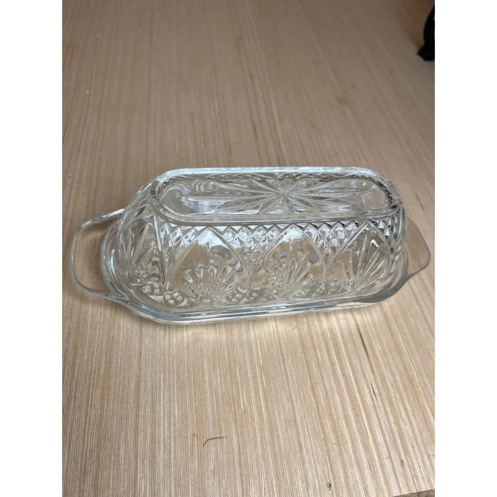 Vintage Clear Pressed Glass Butter Dish w/Lid Starburst Diamond Pattern USA MCM